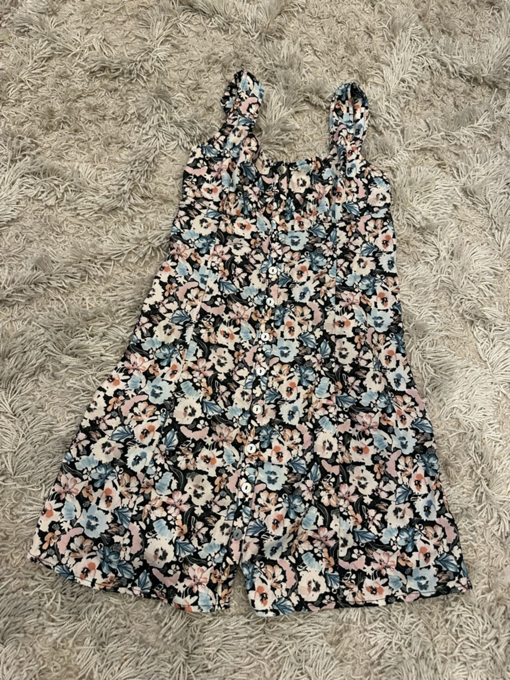 Girls Floral Button-Front Romper - Black, Pink & Blue